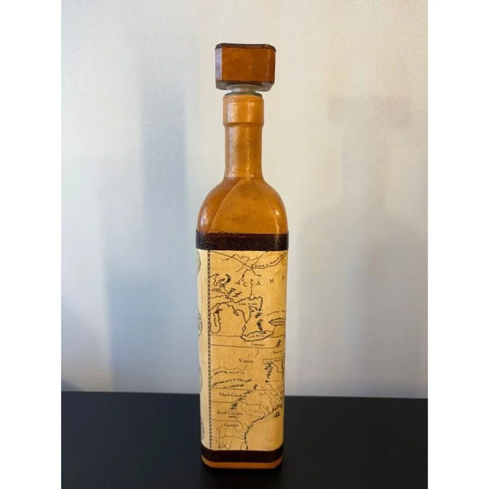 Italian Leather Decanter Tall Slim Map Panel Wax Seal Design Bottle